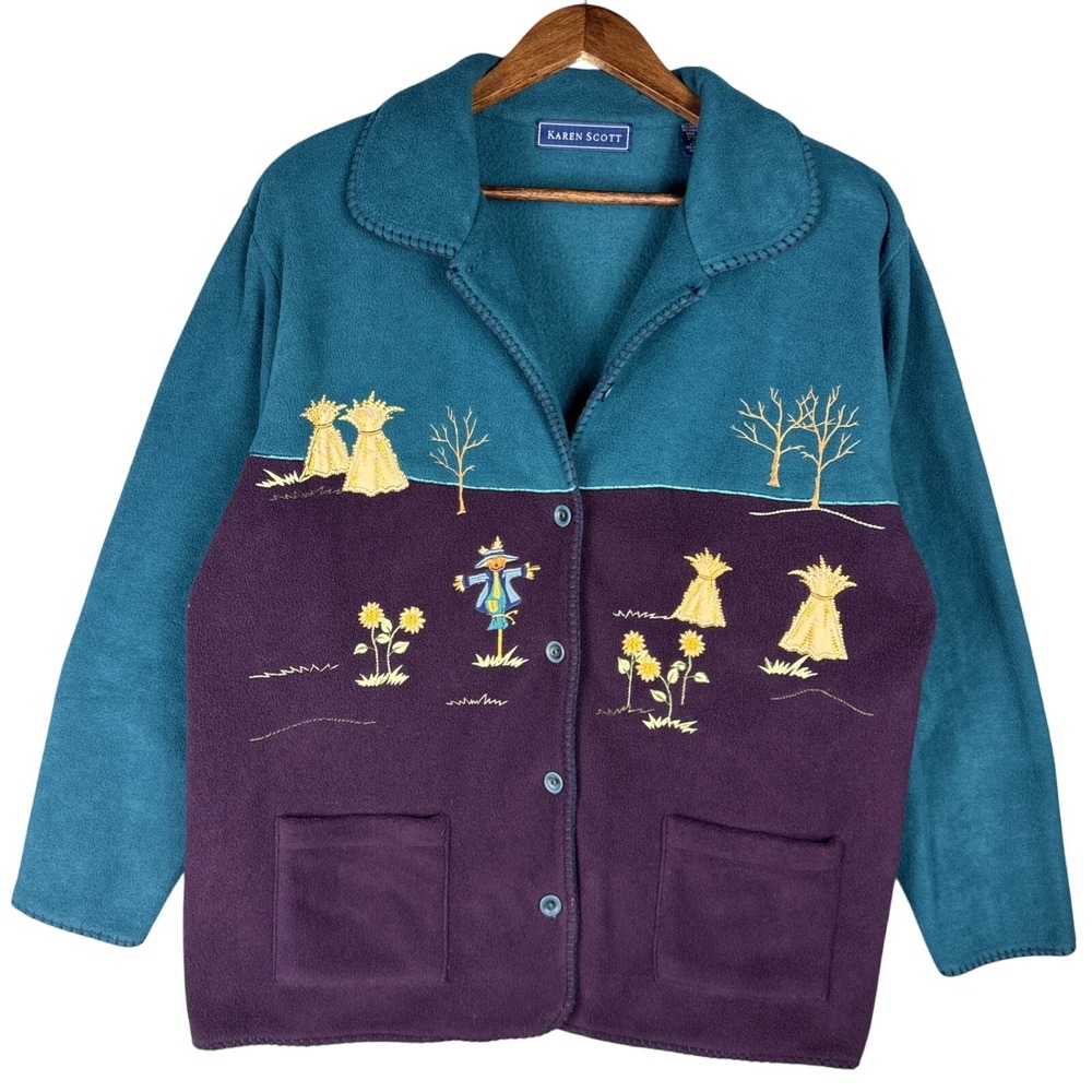 Vintage KarenScott Jacket Women XL Teal Purple Autumn Scarecrow Fall Barn Fleece